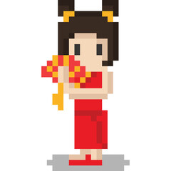 Pixel art chinese girl in red dress character 2