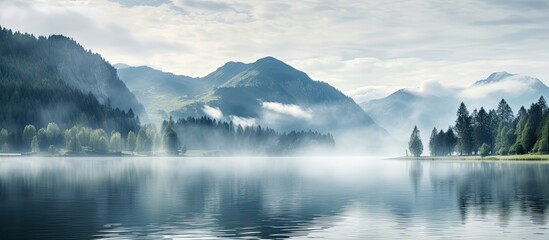 Fototapeta premium The fog is present above Lake Bluntausee in front of the Alps mountains in Salzburger Land, Austria,