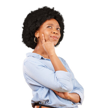 Black woman, face and thinking of solution to ideas, planning future and question why isolated on transparent png background. Curious model daydream of decision, remember memory and problem solving