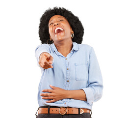 Comic, hand pointing and laughing black woman on isolated, transparent and png background. Funny,...