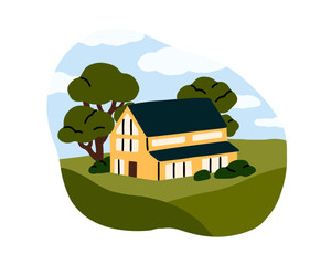 House in nature. Rural suburban home building outdoor. Countryside real estate, exterior. Secluded country private mansion, detached property. Flat vector illustration isolated on white background