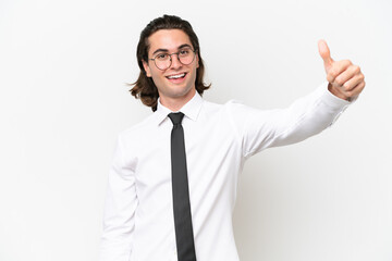 Business handsome man isolated on white background giving a thumbs up gesture