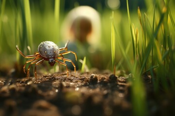 tick and baby in the green grass. Selective focus with shallow depth of field. Lyme disease concept. Tick byte prevention week