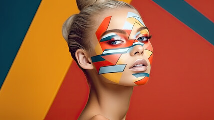 lady with abstract geometric faceart on color background