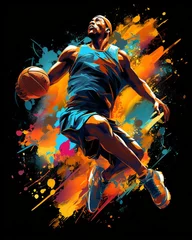 Fotobehang Vibrant basketball player slam dunk illustration - dynamic T-Shirt design, Generative AI © Ameer
