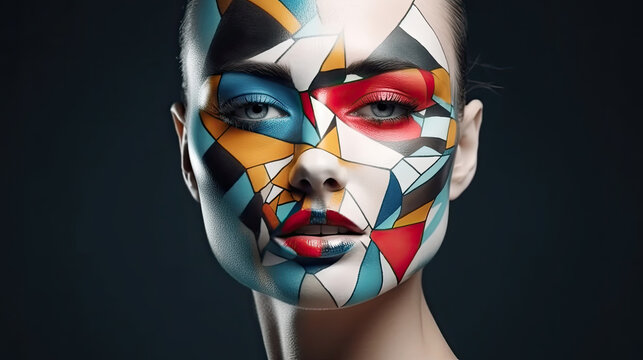 Fototapeta lady with abstract geometric faceart on color background