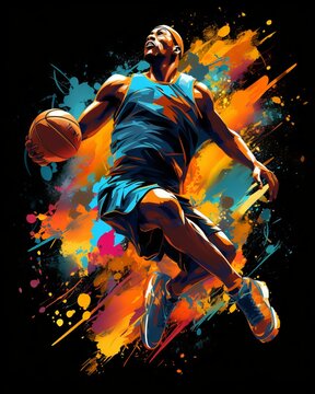 Vibrant basketball player slam dunk illustration - dynamic T-Shirt design, Generative AI