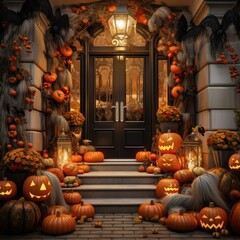 halloween decorated front door with various size and shape pumpkins. Generative Ai.