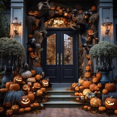 Obraz premium halloween decorated front door with various size and shape pumpkins. Generative Ai.