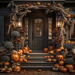Obraz premium halloween decorated front door with various size and shape pumpkins. Generative Ai.
