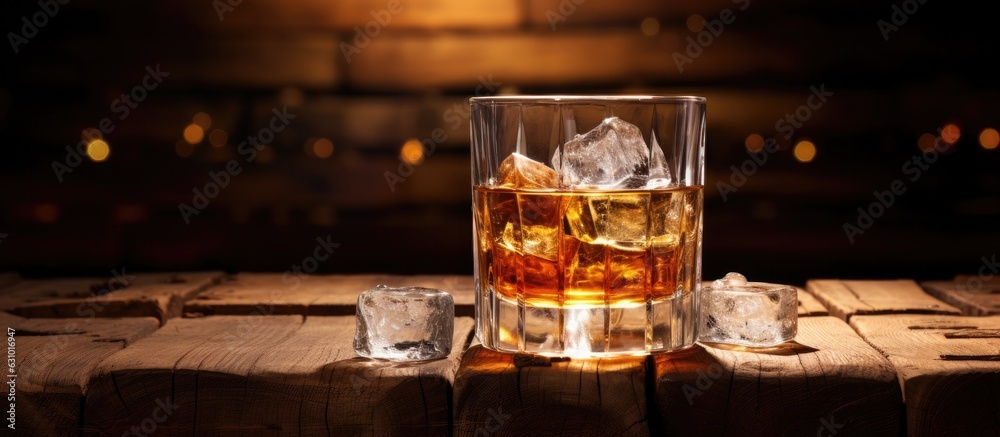 Poster a glass containing whiskey accompanied by ice cubes rests on an aged barrel in the backdrop. the woo