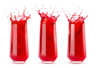 Set of three cherry fresh red juice in glasses with drops and splashind isolated on white background. Vitamin organic summer drink with splashes, drops and motion liquor in glass.