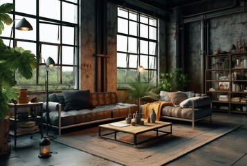 Fototapeta na wymiar Interior design of Living Room in Industrial style with Large Windows decorated with Concrete. generative ai