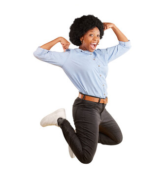 Freedom, portrait and happy black woman jump on isolated, transparent and png background. Excited, face and African lady model jumping in celebration of news, promo or sale, deal or lottery giveaway