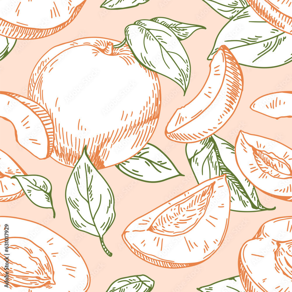 Poster seamless fruit pattern with apricots and leaves. hand-drawn repeating print in vintage style. detail