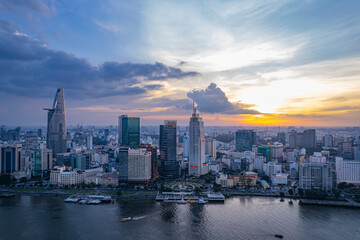 Fototapeta premium Sunset on Saigon riverside, Ho Chi Minh city Vietnam. Photo taken on 15th July, 2023.