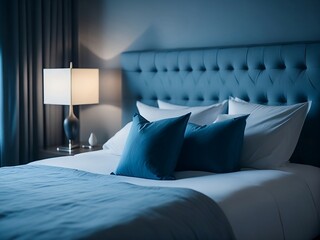 light blue bedroom with pillows, hotel