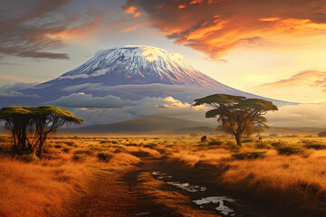 Kilimanjaro on african savannah in Tanzania - obrazy, fototapety, plakaty