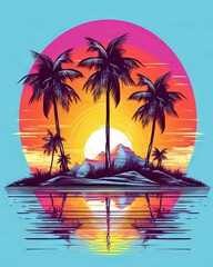 Tropical sunset with trees - island with palm trees, sunset, synthwave, vivid colors, pure white background, T-shirt design, Generative AI