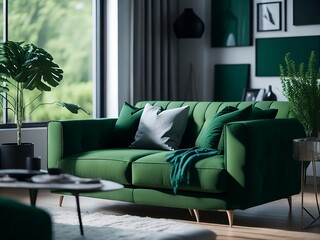 modern green living room, interior design, sofa, pillow, window