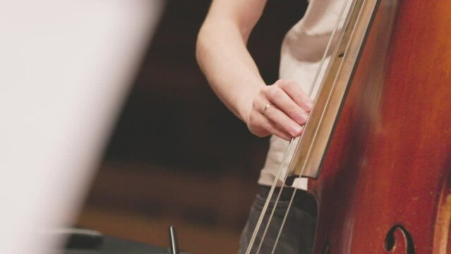 Slow motion video of a musician playing an acoustic double bass by plucking the strings during their solo in a performance. Nr.1