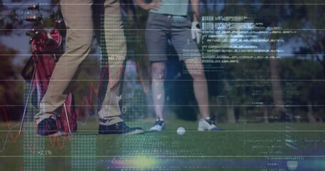 Animation of financial data processing over caucasian male and female golf players - Powered by Adobe