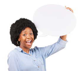 Portrait, speech bubble and happy black woman with space on isolated, transparent or png background. Social media, poster and African lady face with mockup for voice, vote or FAQ, opinion or wow news