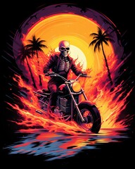 Skeleton rides a Motorbike, Fire emanating from the body, sunset, pure white background, T-shirt design, Generative AI