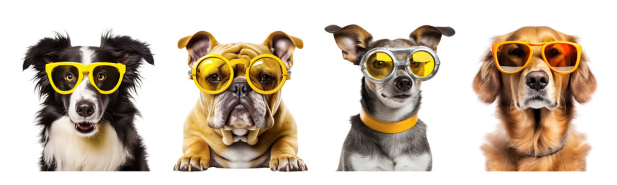 Set of dogs wearing yellow glasses For summer isolated on white background ,Generative AI