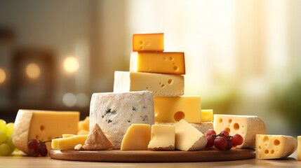 types of cheese, pieces and slice of various cheese kinds, blue cheese, parmesan and emmental, food photo on blurred background, side view photograph - obrazy, fototapety, plakaty