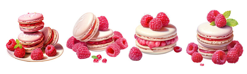 Set of macaron with raspberries clipart illustration isolated transparent background, PNG , Generative AI
