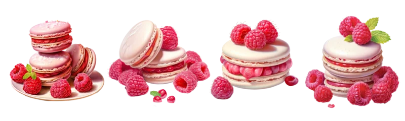 Stickers pour porte Macarons Set of macaron with raspberries clipart illustration isolated transparent background, PNG , Generative AI