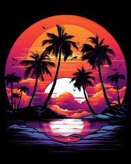 Tree on the beach - Vibrant Sunset Synthwave T-Shirt Design on Pure Black Background, Generative AI