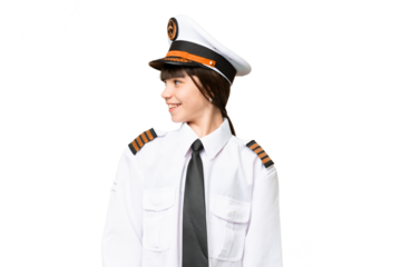 Little girl as a Airplane pilot over isolated chroma key background looking side