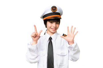 Little girl as a Airplane pilot over isolated chroma key background counting seven with fingers