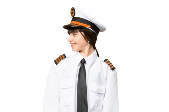 Little girl as a Airplane pilot over isolated chroma key background looking side