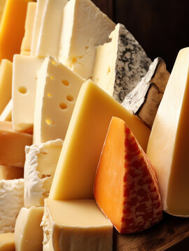 Close up photo of various types of cheese, blue cheese, parmesan and brie cheese slices, food photography