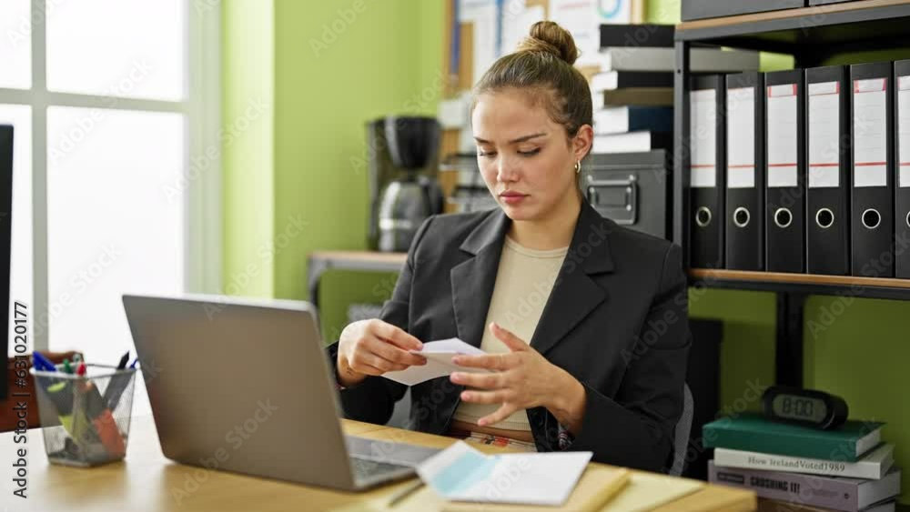 Canvas Prints Young beautiful hispanic woman business worker reading letter with worried expression at office