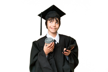 Little university girl over isolated background holding coffee to take away and a mobile while thinking something