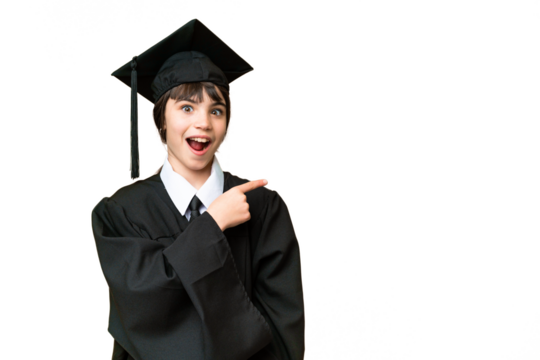 Little university girl over isolated background surprised and pointing side - Powered by Adobe