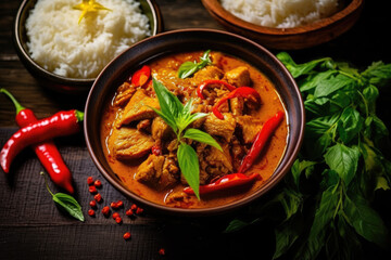 spicy thai curry with pork meat serving with rice and decorating with herbal vegetable ingredients like chili and eggplant on rustic background - Thai food