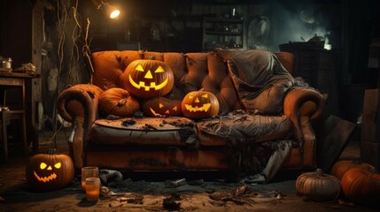 the eerie parlor: a halloween tale of a sinister living room adorned with ominous, glowing pumpkin faces, casting shadows of intrigue and fear. Ai Generated