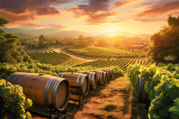 Embrace the enchanting beauty of a winery during autumn, as the sun sets behind the rolling...