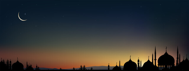 Ramadan Night with twilight dusk sky and Silhouette Dome Mosque Minarets,Crescent moon,Vector symbol islamic religion,Ramadan Card for Eid al-Adha, Eid al-fitr, Eid Mubarak, Islamic new year Muharram