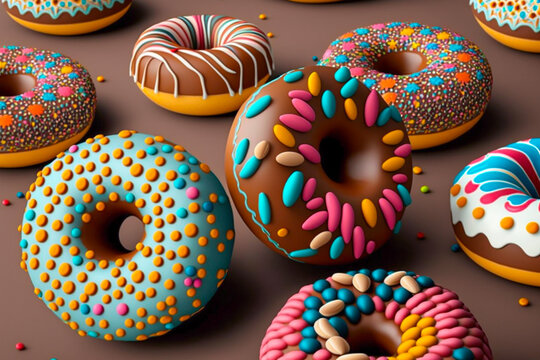 Colorful donuts, angle from vertical. Pop art, chocolate chips, sugar coating, matte texture 3D render. Made with Generative AI