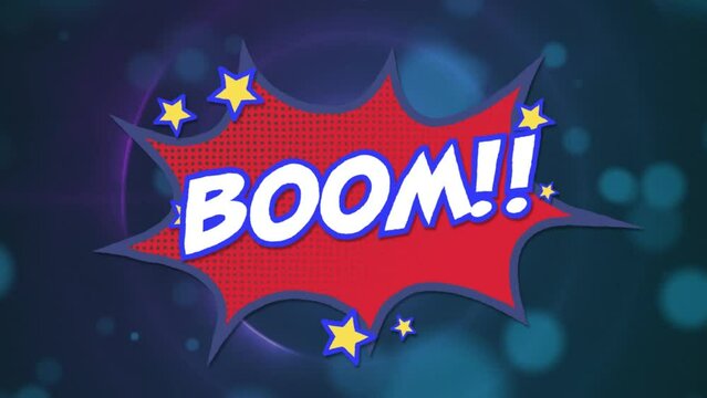 Animation of boom text over retro speech bubble on blue background