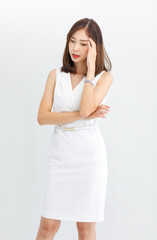 Portrait isolated cutout studio shot of Asian beautiful professional successful female businesswoman ceo entrepreneur in casual business wear standing smiling posing crossed arms on white background