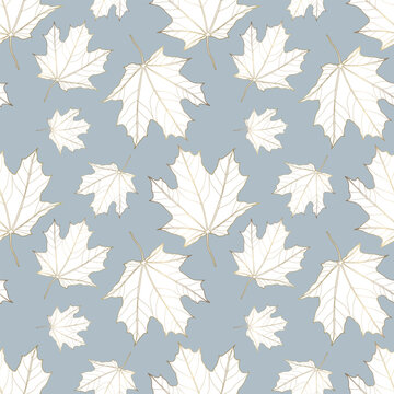 Autumn seamless pattern with golden maple leaves on a gray-blue background. Pattern for textiles, wrapping paper, wallpapers, covers, designs of various items.