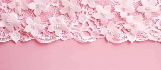 A close-up photograph of a beautiful white lace cloth on a pink background. detailed floral pattern