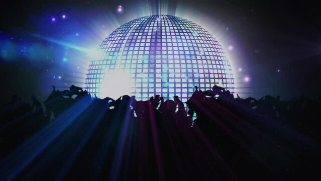 Animation of spinning mirror disco ball and people dancing